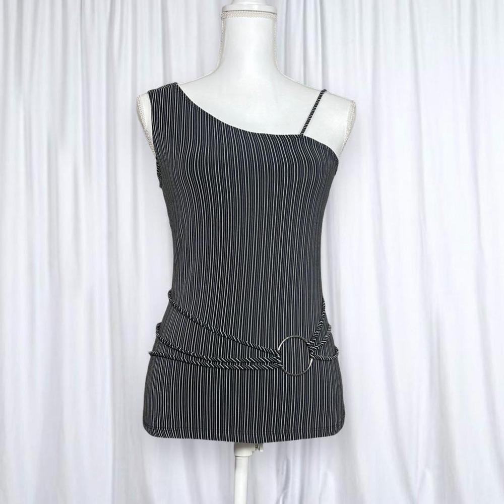 Rave Pinstripe Asymmetrical Tank Top Silver Hardware Vintage 90s Y2K